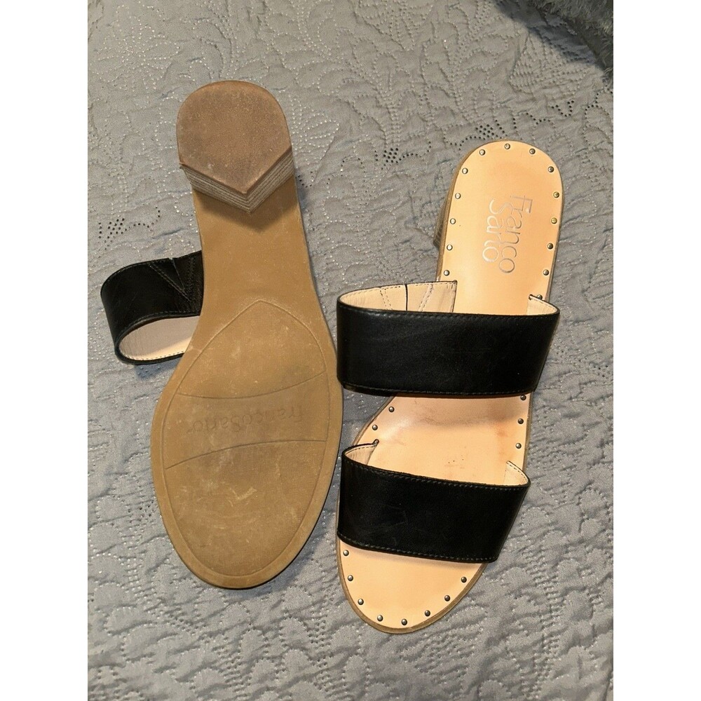 Franco Sarto Womens 9 Kiki Black Leather Slip on Heeled Double Strap Sandals